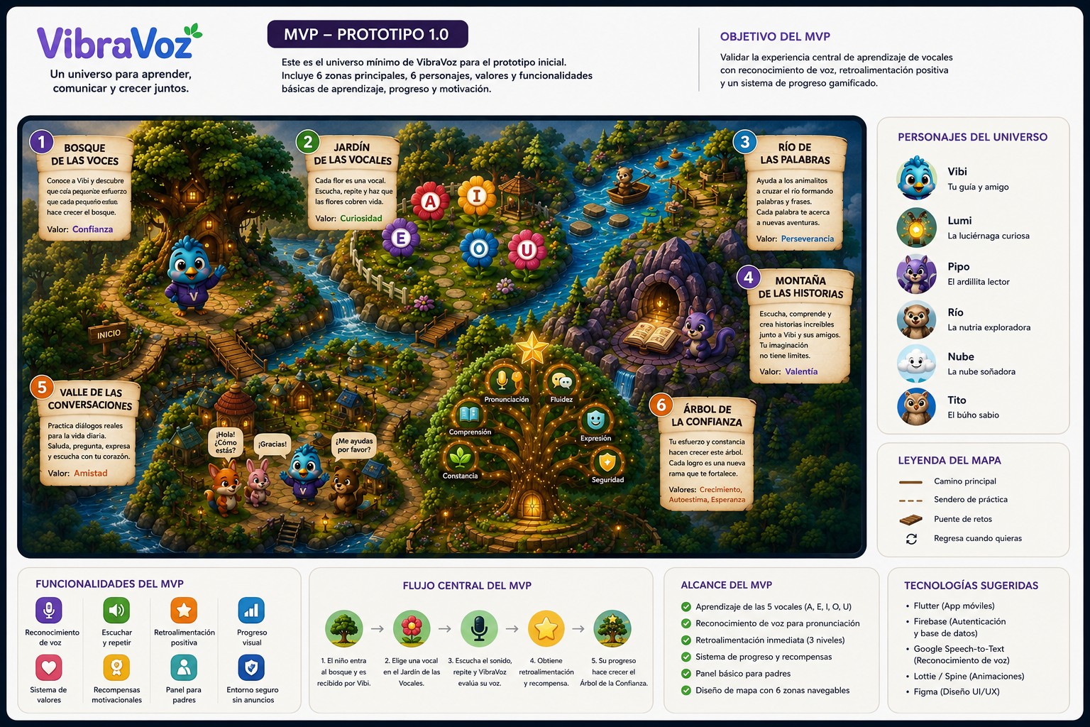 Mapa de la visión ampliada del universo VibraVoz con seis zonas, personajes, funcionalidades, flujo del MVP, alcance y tecnologías sugeridas.